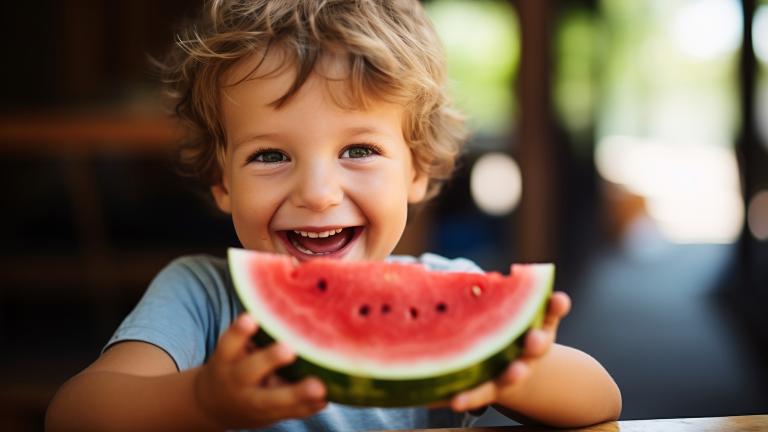 Infante sonriendo y comiendo sandía