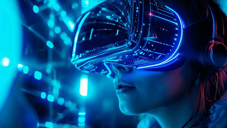 Estudiante aprendiendo con visor de Realidad Virtual