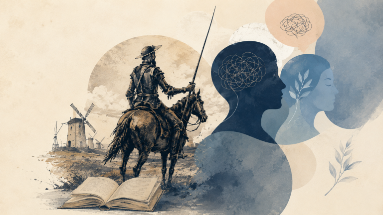 Don quijote y siluetas que representan la mente