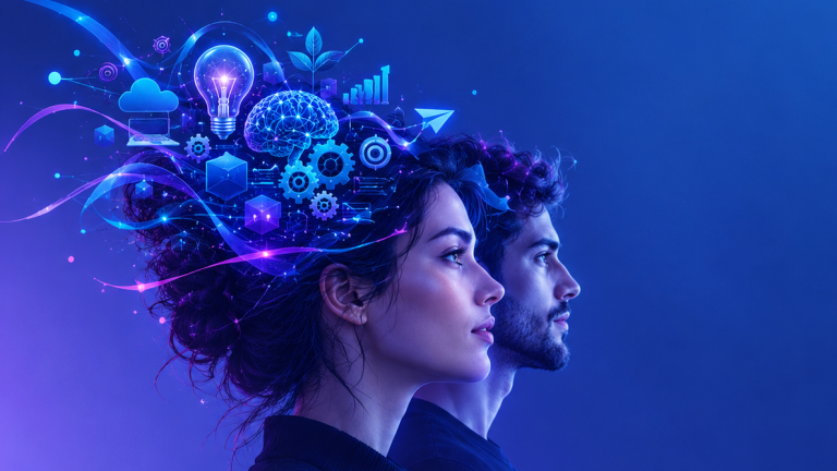 hombre y mujer con ideas saliendo de la cabeza